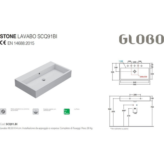 Раковина подвесная Globo Classic 90 см SCQ911.BI - фото 3
