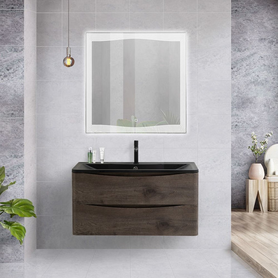 Тумба подвесная с раковиной BelBagno ACQUA-1000-2C-SO-RNG 100 см, Rovere Nature Grigio (раковина BB1000/455-LV-ART-ALR-NERO), Цвет фасада: Rovere Nature Grigio Nero - фото 2