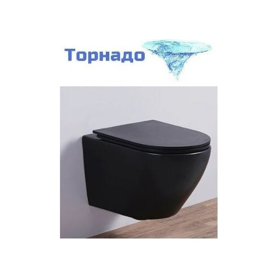 Унитаз подвесной CeramaLux Rimless 5177MB с крышкой микролифт (Система смыва торнадо), черный матовый, Цвет производителя: чёрный - фото 