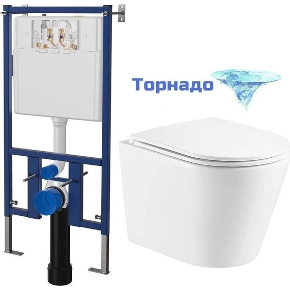 Инсталляция с подвесным унитазом комплект: Loranto 4501 с подвесным безободковым унитазом Teramo AZ-0053-UQ сиденье микролифт (Система смыва торнадо) кнопка смыва белая глянцевая + набор для гигиенического душа Haiba HB5511 - фото 5