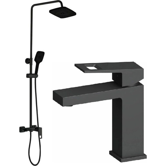 Душевой комплект Haiba: Душевая стойка HB24615-7 + смеситель для раковины HB10615-7, цвет чёрный матовый - фото 