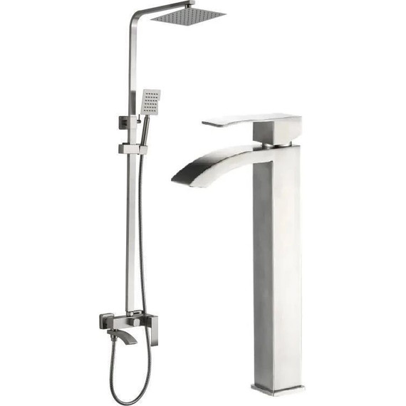 Душевой комплект Haiba: Душевая стойка HB24815 + смеситель для раковины высокий HB11815, цвет сталь - фото 