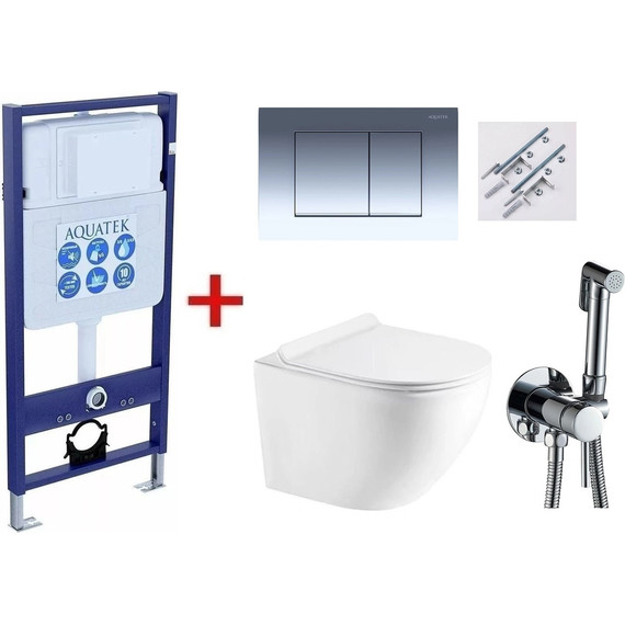 Инсталляция с подвесным унитазом комплект: Aquatek Standart 50 INS-0000012 с подвесным безободковым унитазом Azario Gloria AZ-2003 сиденье микролифт, крепление, кнопка смыва хром глянцевая + набор для гигиенического душа Haiba HB5511 - фото 