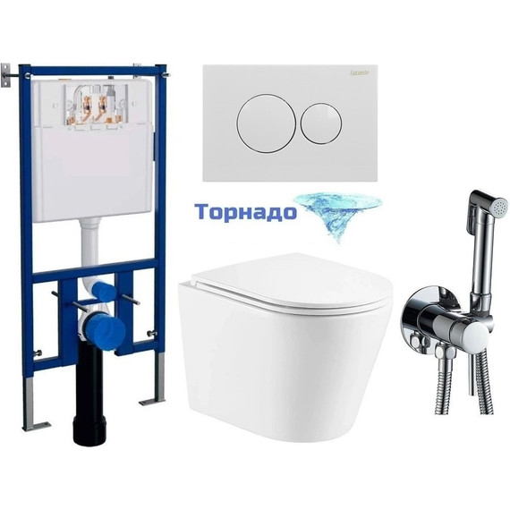 Инсталляция с подвесным унитазом комплект: Loranto 4501 с подвесным безободковым унитазом Teramo AZ-0053-UQ сиденье микролифт (Система смыва торнадо) кнопка смыва белая глянцевая + набор для гигиенического душа Haiba HB5511 - фото 