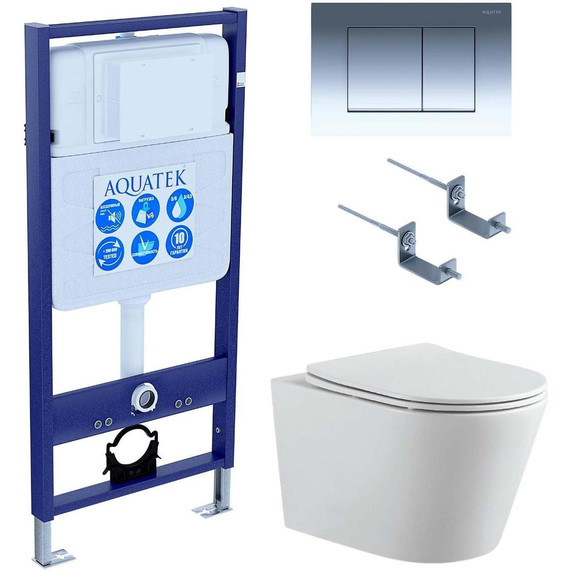 Инсталляция с подвесным унитазом комплект: Aquatek Set INS-0000012 с подвесным безободковым унитазом Вега AQ1905-00 сиденье микролифт, крепление, кнопка смыва хром глянцевая - фото 