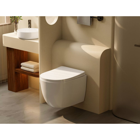 Унитаз подвесной безободковый Abber Bequem AC1100T с тонкой крышкой микролифт (Система смыва торнадо), Цвет производителя: белый - фото 4