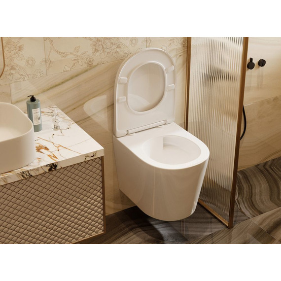 Унитаз подвесной безободковый Abber Bequem AC1102T с тонкой крышкой микролифт (Система смыва торнадо), Цвет производителя: белый - фото 5