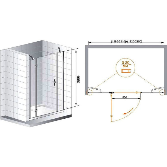 Душевая дверь Cezares 165 см BERGAMO-W-B-13-80+60/30-C-Cr-R, хром/прозрачное - фото 3