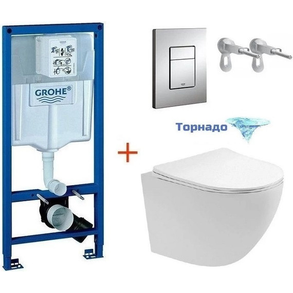 Инсталляция с подвесным унитазом комплект: Grohe Rapid SL 38772001 с подвесным безободковым унитазом Aquatek Европа AQ1900T-00 сиденье микролифт, крепление, кнопка смыва хром (Система смыва торнадо), Цвет производителя: белый - фото 2