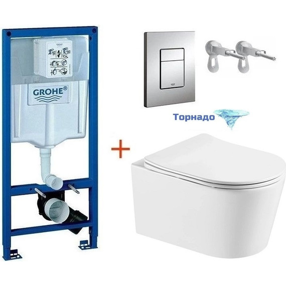 Инсталляция с подвесным унитазом комплект: Grohe Rapid SL 38772001 с подвесным безободковым унитазом Aquatek Оберон AQ1365T-00 сиденье микролифт, крепление, кнопка смыва хром (Система смыва торнадо) - фото 2