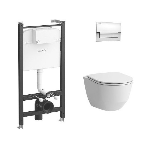 Инсталляция с подвесным унитазом комплект: Laufen Pro rimless ZRU9307615 с подвесным безободковым унитазом, сиденье микролифт, кнопка смыва хром - фото 