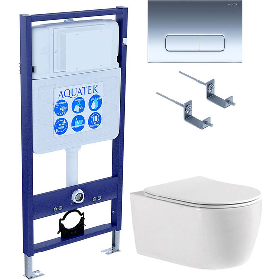 Инсталляция с подвесным унитазом комплект: Aquatek Set INS-0000012 с подвесным безободковым унитазом Европа AQ1106-00 сиденье микролифт, крепление, кнопка смыва хром - фото 